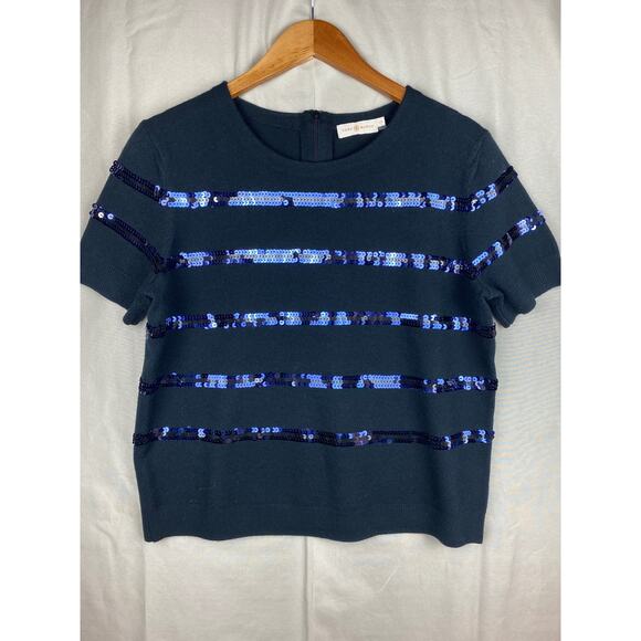 Womens Tory Burch Sequins Stripe Short Sleeve Sweater size Large Wool Blend - Picture 1 of 9
